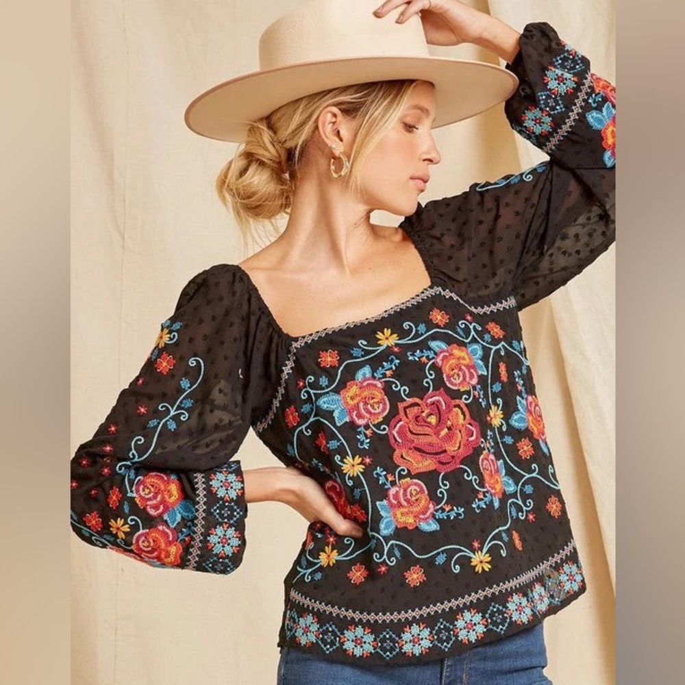 Rose Embroidered Blouse | Long Sleeve | Unique | Boutique | Size Medium Womens - Picture 1 of 6